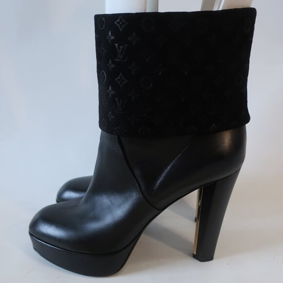 Authentic Louis Vuitton Blk Leather LV Logo Suede Art Deco Heel Boot 37.5 US/7.5 - Picture 6 of 16